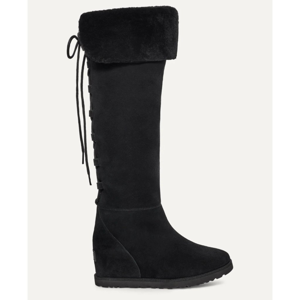 $400 Ugg Lace Femme Over-The-Knee Boot Wedge Shearling Black Suede 7 (Mg16)